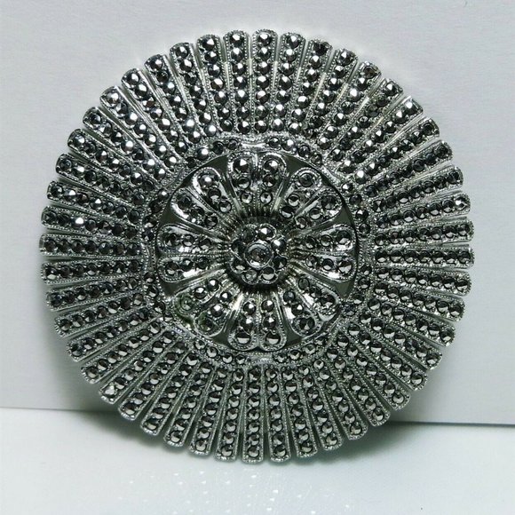 Luxurious Art Deco Sterling Silver Marcasite Cluster Ornate Fan Brooch By KD - Picture 1 of 5